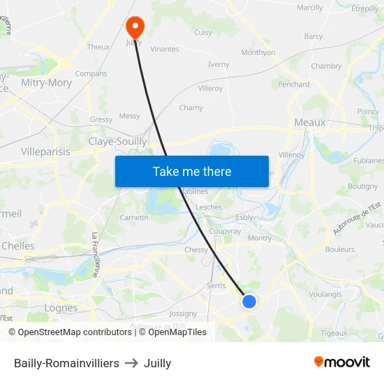 Bailly-Romainvilliers to Juilly map