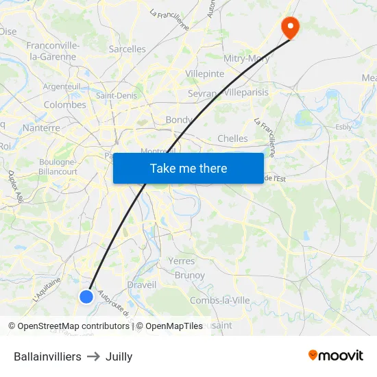 Ballainvilliers to Juilly map