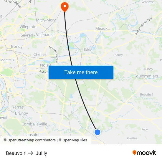 Beauvoir to Juilly map