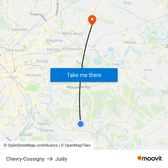 Chevry-Cossigny to Juilly map