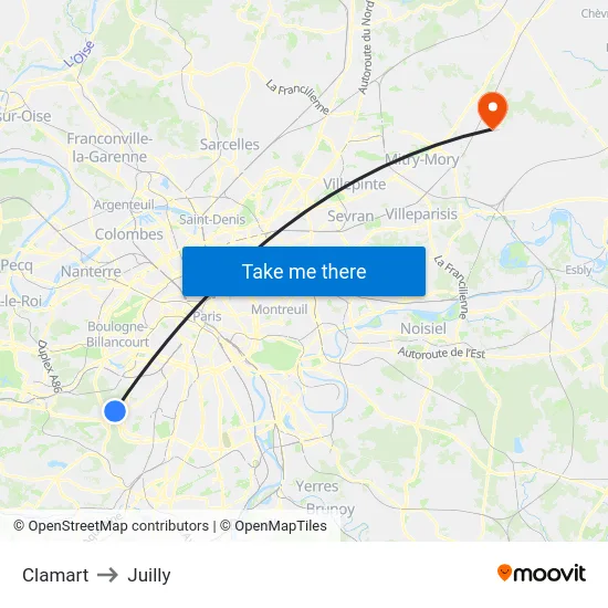 Clamart to Juilly map