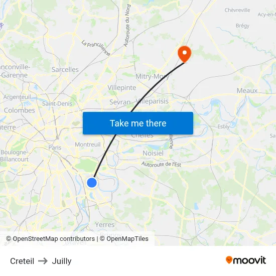 Creteil to Juilly map