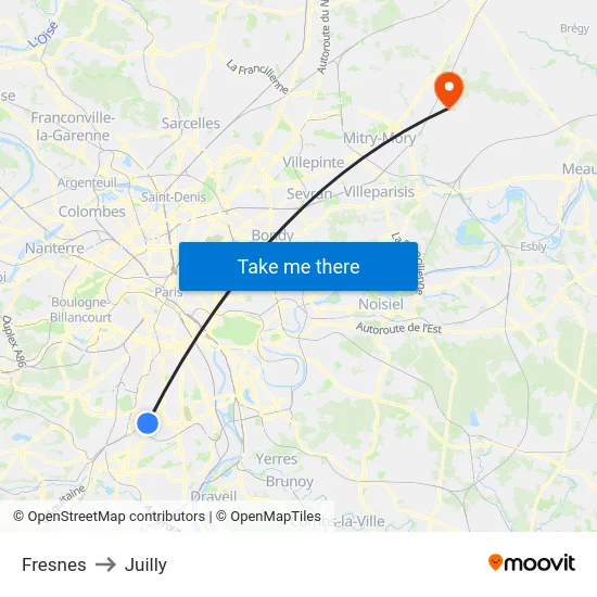 Fresnes to Juilly map