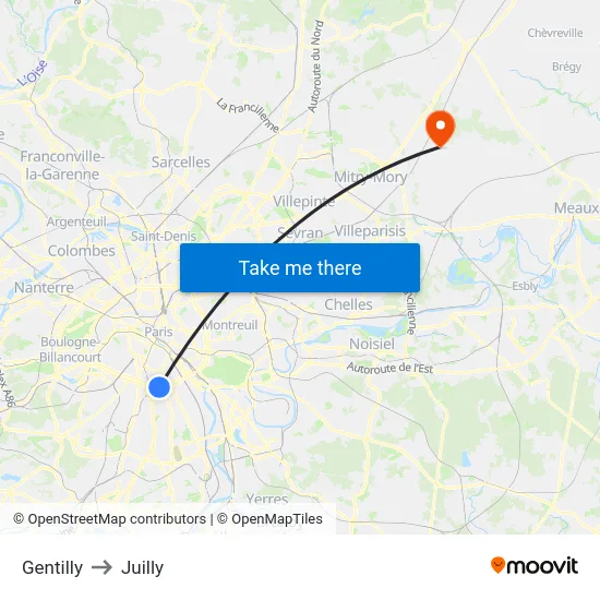 Gentilly to Juilly map