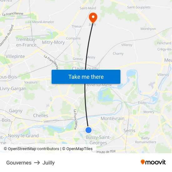 Gouvernes to Juilly map