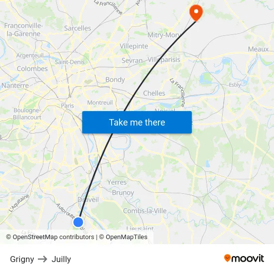 Grigny to Juilly map