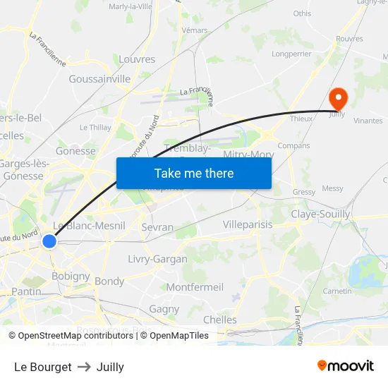 Le Bourget to Juilly map