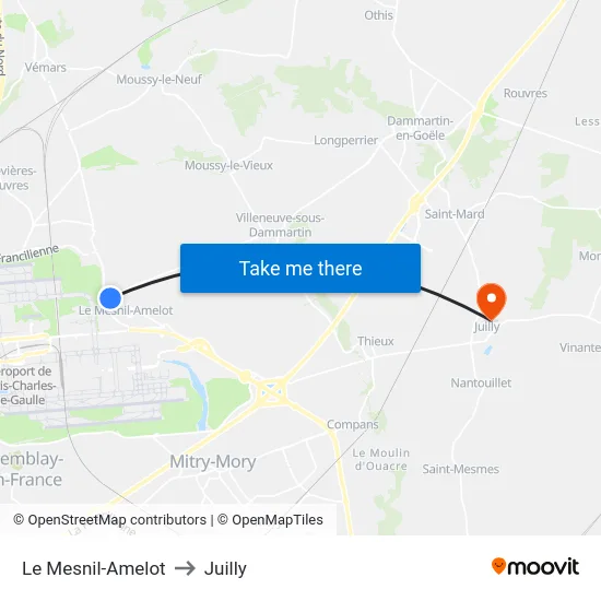 Le Mesnil-Amelot to Juilly map