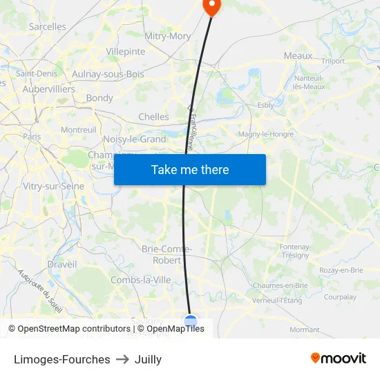 Limoges-Fourches to Juilly map
