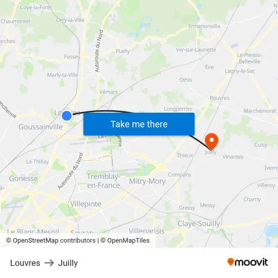 Louvres to Juilly map