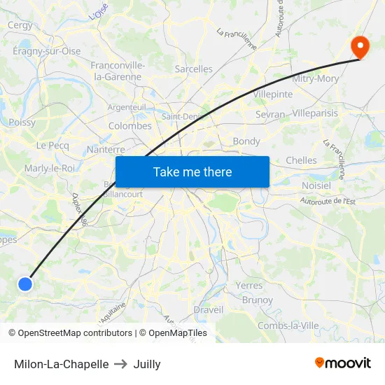 Milon-La-Chapelle to Juilly map