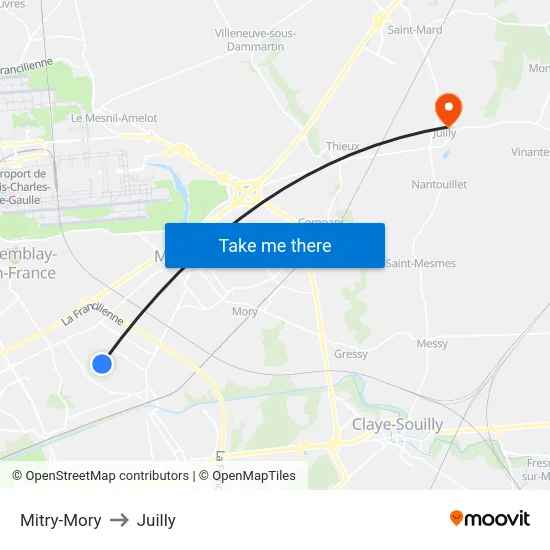 Mitry-Mory to Juilly map