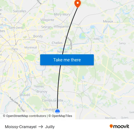 Moissy-Cramayel to Juilly map