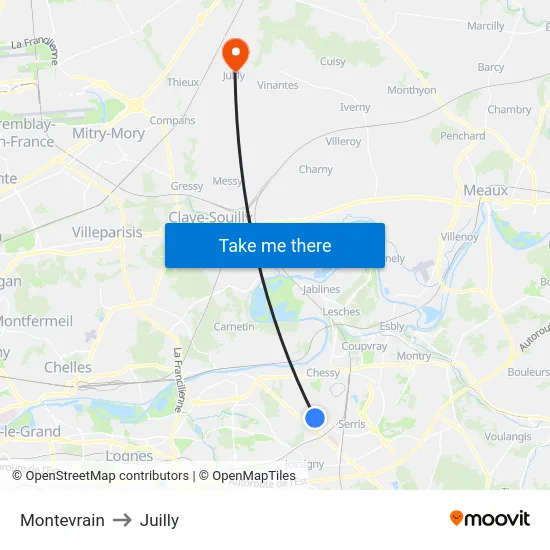 Montevrain to Juilly map