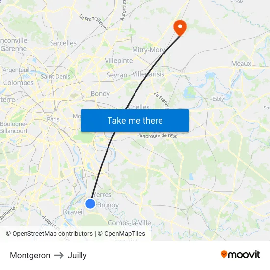 Montgeron to Juilly map