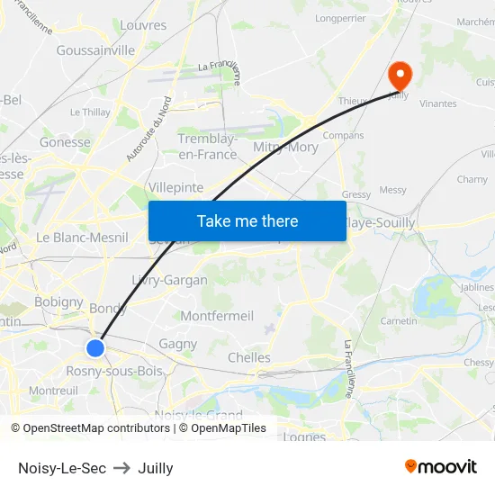 Noisy-Le-Sec to Juilly map