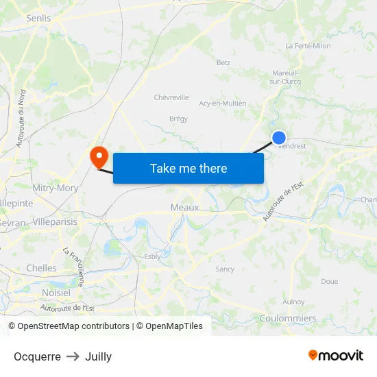 Ocquerre to Juilly map