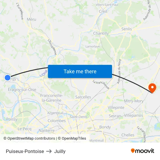 Puiseux-Pontoise to Juilly map
