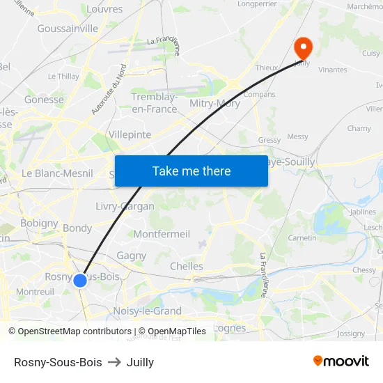 Rosny-Sous-Bois to Juilly map