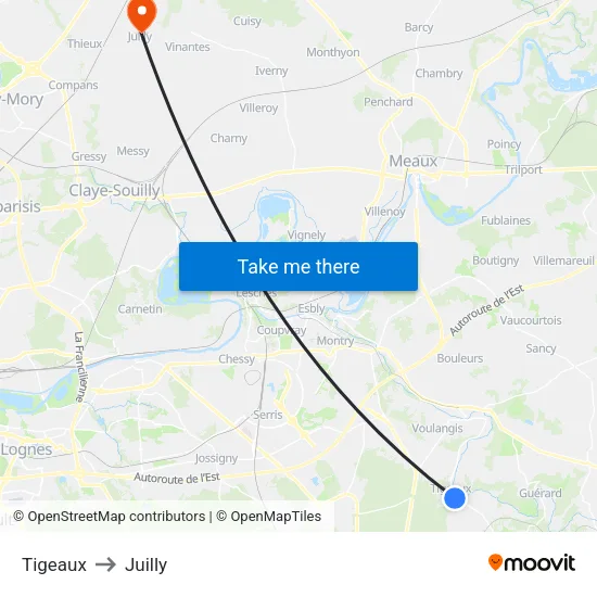 Tigeaux to Juilly map