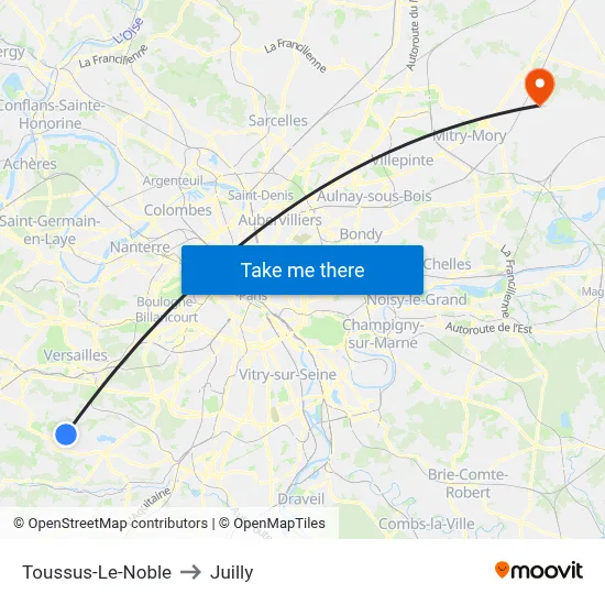 Toussus-Le-Noble to Juilly map