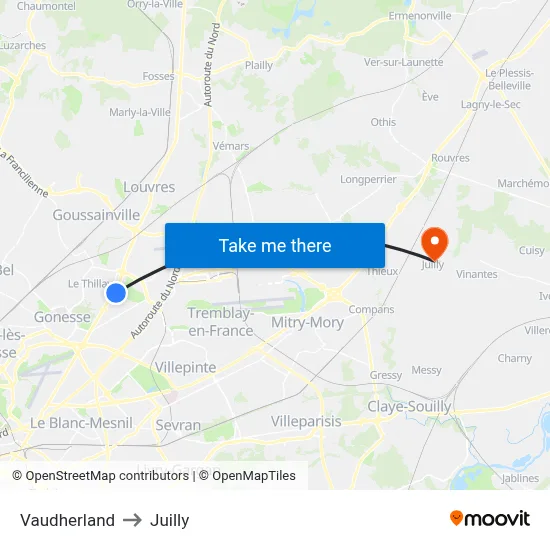 Vaudherland to Juilly map