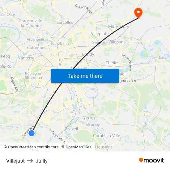 Villejust to Juilly map