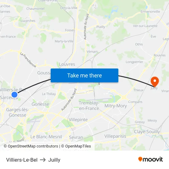 Villiers-Le-Bel to Juilly map