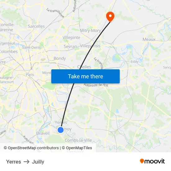 Yerres to Juilly map