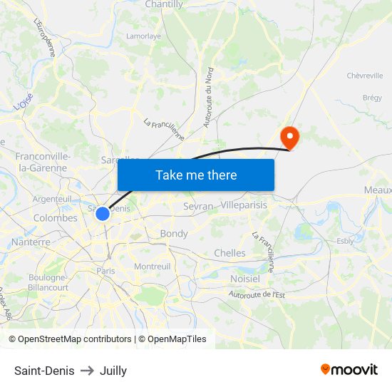 Saint-Denis to Juilly map