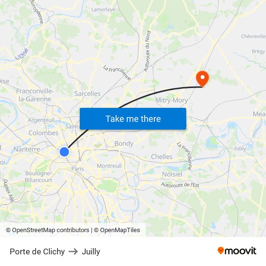 Porte de Clichy to Juilly map