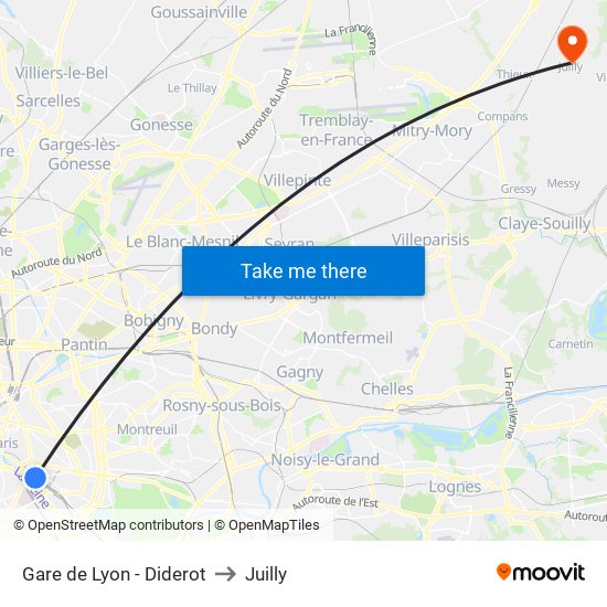 Gare de Lyon - Diderot to Juilly map