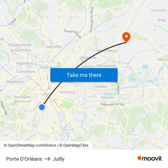 Porte D'Orléans to Juilly map