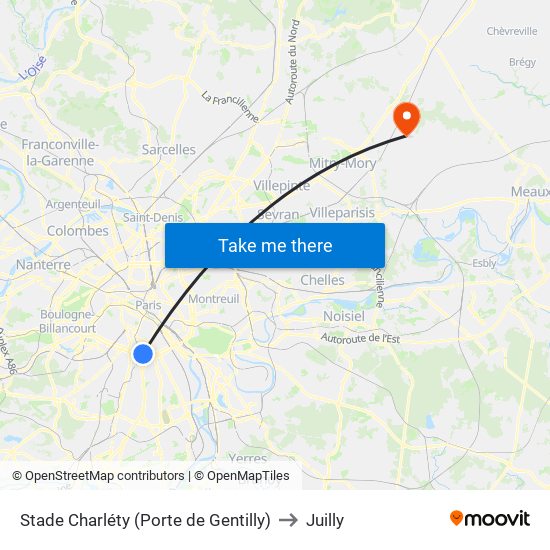 Stade Charléty (Porte de Gentilly) to Juilly map