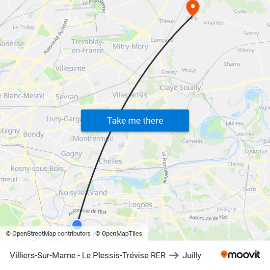 Villiers-Sur-Marne - Le Plessis-Trévise RER to Juilly map