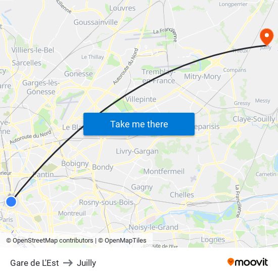 Gare de L'Est to Juilly map