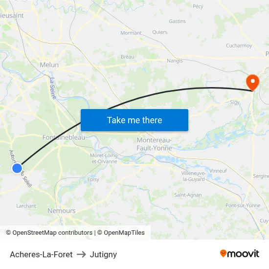 Acheres-La-Foret to Jutigny map