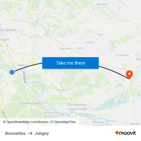 Boissettes to Jutigny map