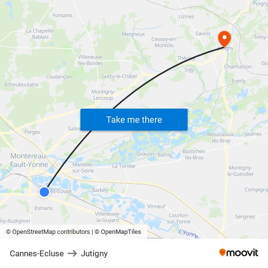 Cannes-Ecluse to Jutigny map