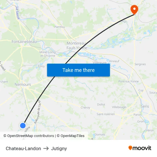 Chateau-Landon to Jutigny map