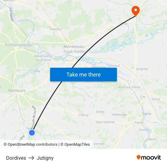 Dordives to Jutigny map