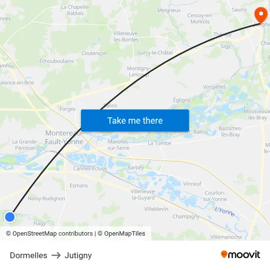 Dormelles to Jutigny map