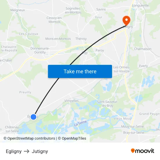 Egligny to Jutigny map