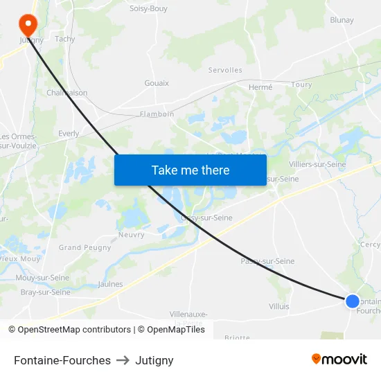 Fontaine-Fourches to Jutigny map