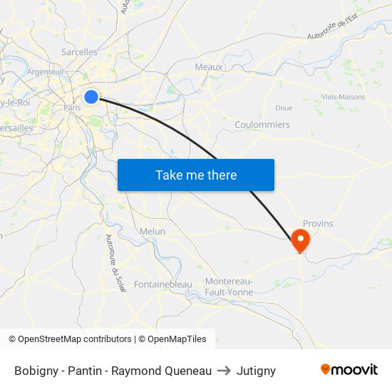 Bobigny - Pantin - Raymond Queneau to Jutigny map