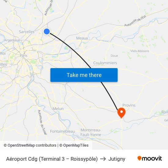 Aéroport Cdg (Terminal 3 – Roissypôle) to Jutigny map