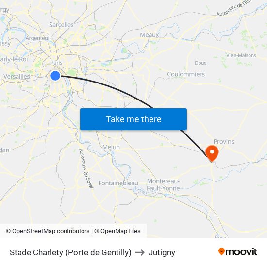 Stade Charléty (Porte de Gentilly) to Jutigny map