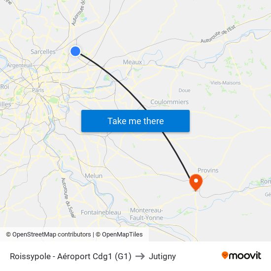 Roissypole - Aéroport Cdg1 (G1) to Jutigny map