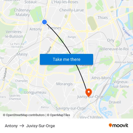 Antony to Juvisy-Sur-Orge map
