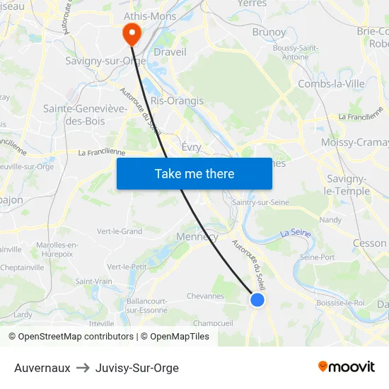 Auvernaux to Juvisy-Sur-Orge map